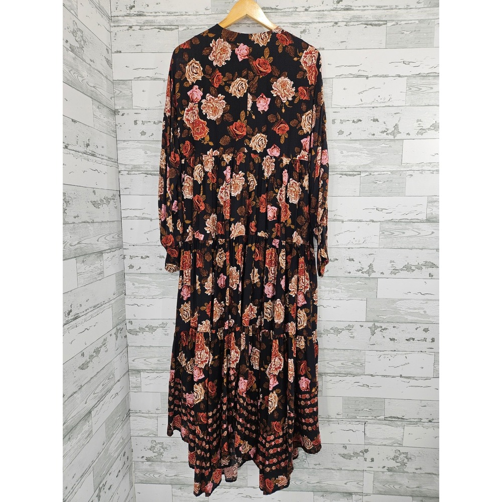 Free People Floral Tiered Maxi Dress Black Rose Boho V-Neck Long Sleeve Medium - Picture 3 of 7